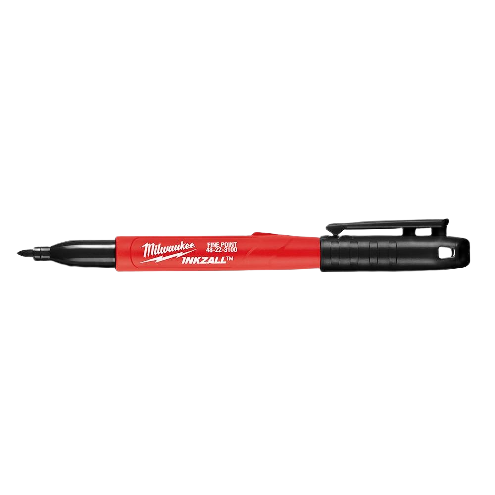 Black fine point jobsite marker with red barrel and clip, designed for woodworking and measuring tools in home improvement collections