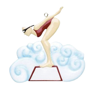 Girl swimmer figurine poised on block with swim cap and goggles against stylized swirling water backdrop ornament