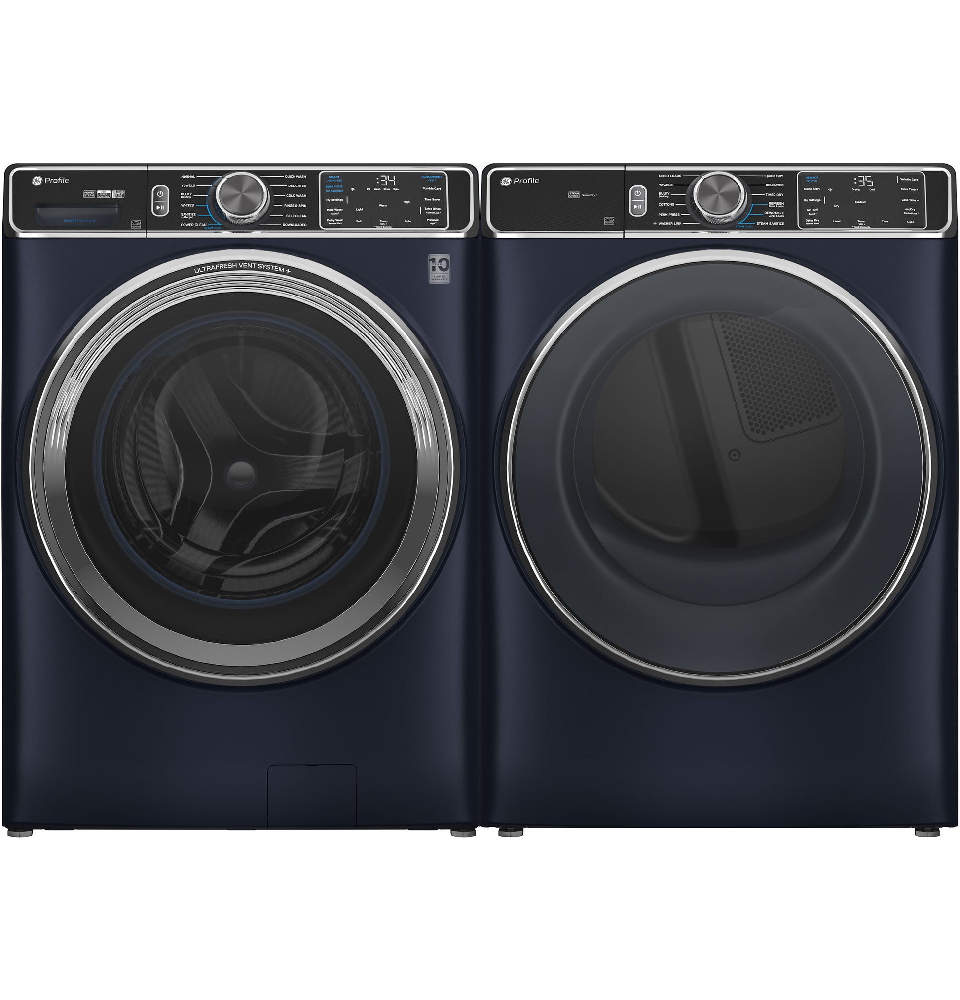 Dark blue front load smart washer and dryer set with digital controls in washers and dryers appliance collection
