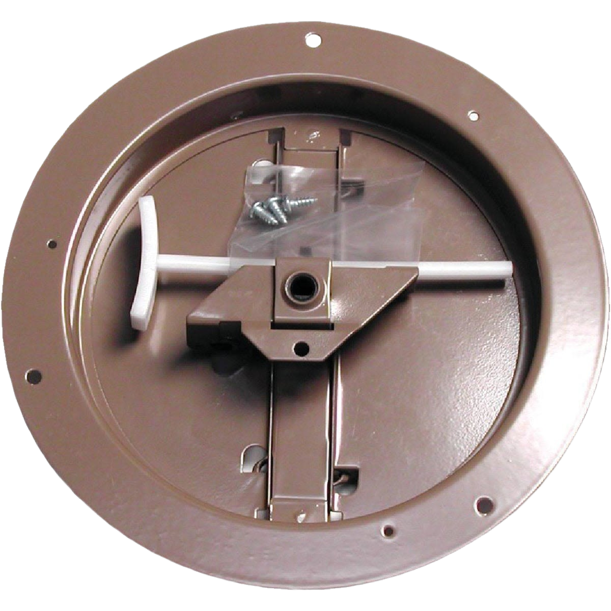 Brown round ceiling damper with adjustable knob and hardware for precise ventilation control in plumbing and home improvement collections under $50