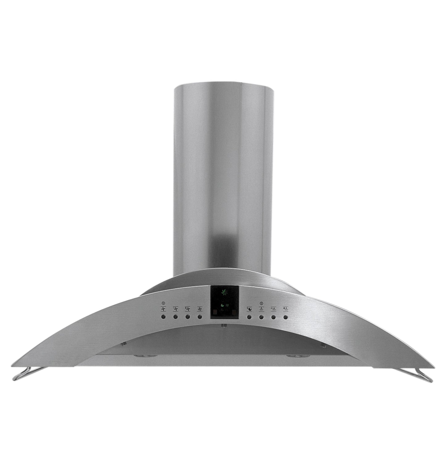 Stainless steel island vent hood with curved canopy and digital control panel in range hoods and kitchen appliances collection