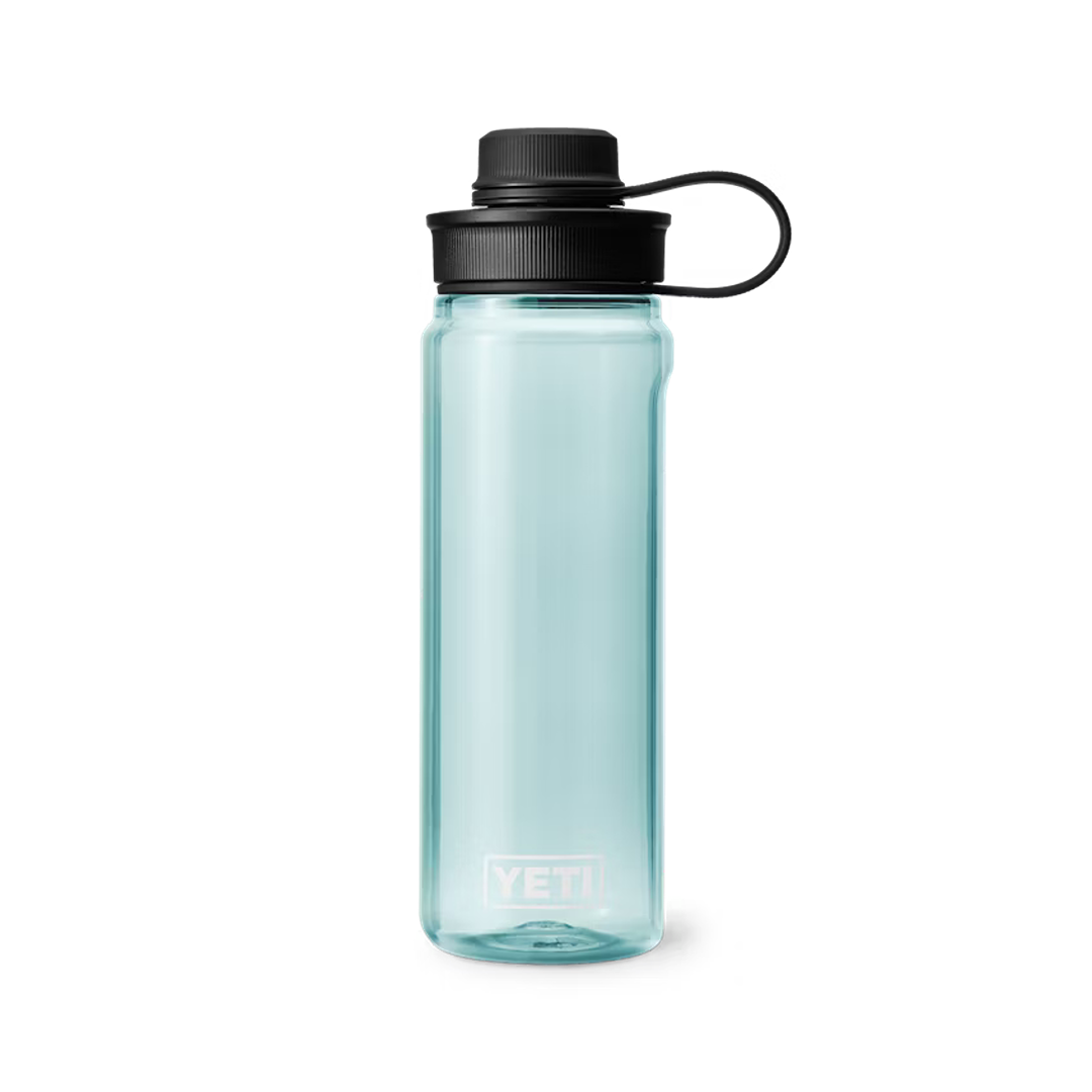 Light blue 25 oz. water bottle with black tether cap, durable drinkware for kitchen and outdoor use collections