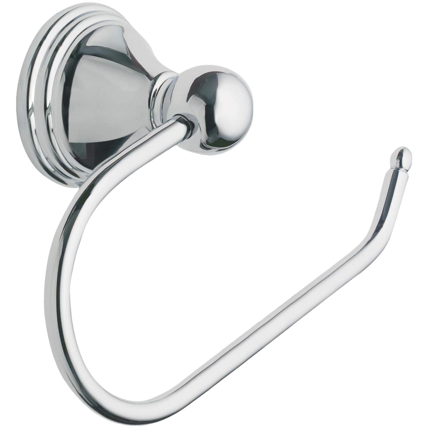 Polished chrome toilet paper holder with rounded mounting base and curved open-ended arm for easy roll replacement