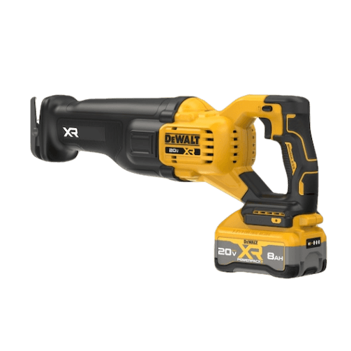 Yellow and black cordless brushless reciprocating saw with 20V battery for power tools and woodworking projects