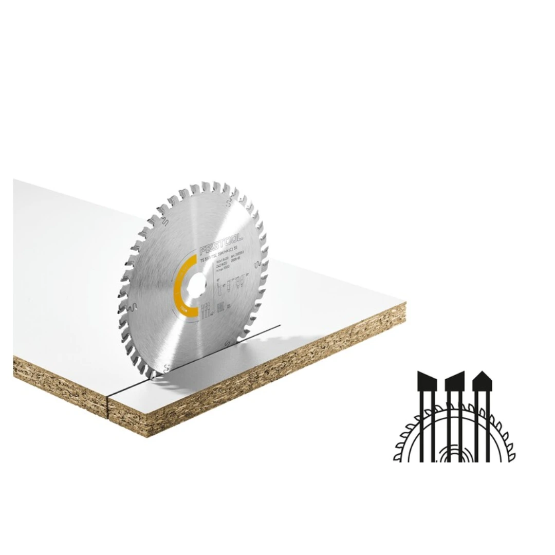 Circular saw blade with 48 teeth cutting through particle board for tools and home improvement projects