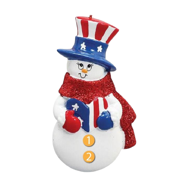 Snowman ornament wearing patriotic red, white, and blue hat and scarf for Christmas Ornaments & Tree Decorations under $50 collection