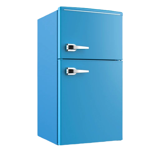 vibrant blue retro-style compact refrigerator with separate freezer door for mini refrigerators and kitchen appliances