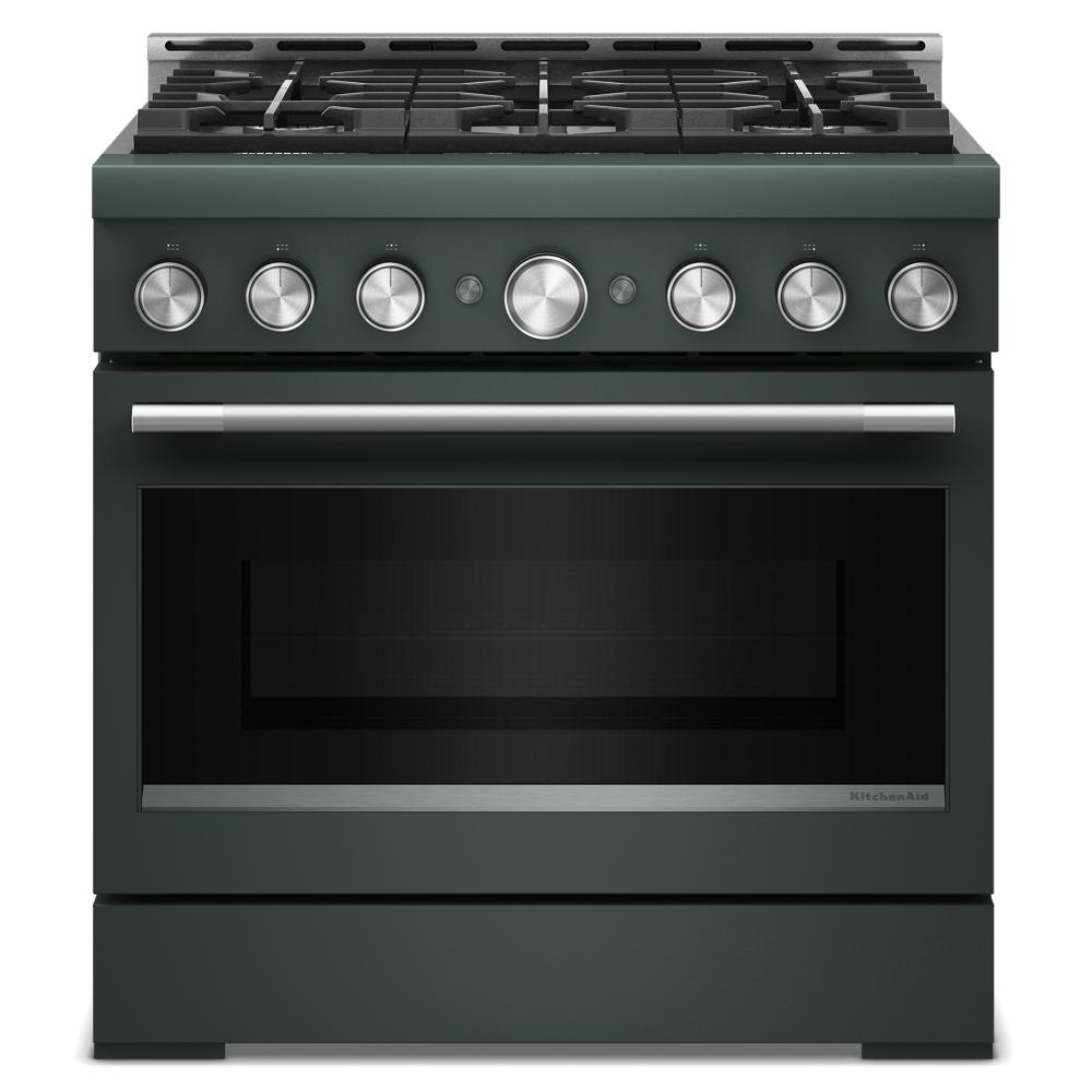 Front view of dark green 36-inch commercial-style gas range with six burners and stainless steel control knobs