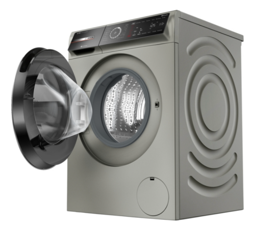 Bosch compact front load washer in pearl steel with open door, modern design, and textured side panels from washers collection