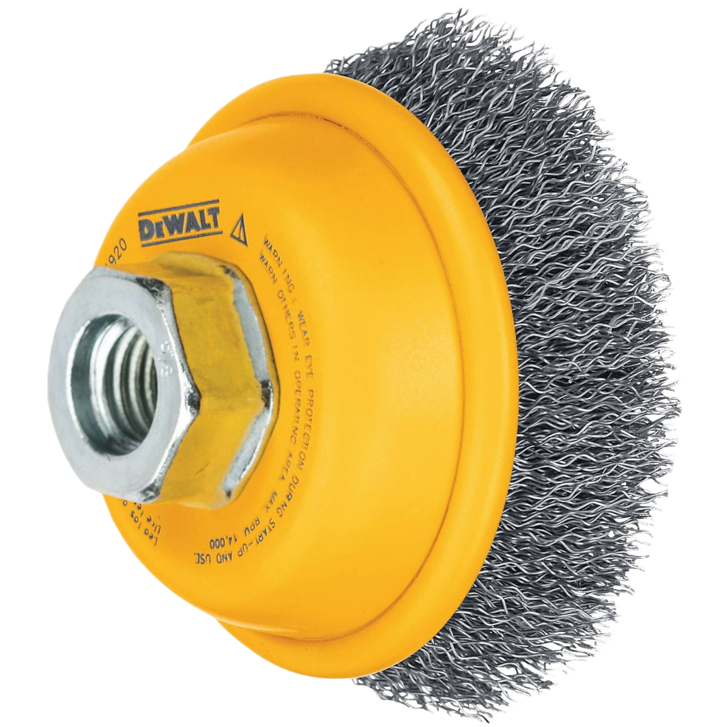 Yellow metal wire cup brush with carbon steel crimp wires for heavy-duty rust and paint removal in tool accessories collections