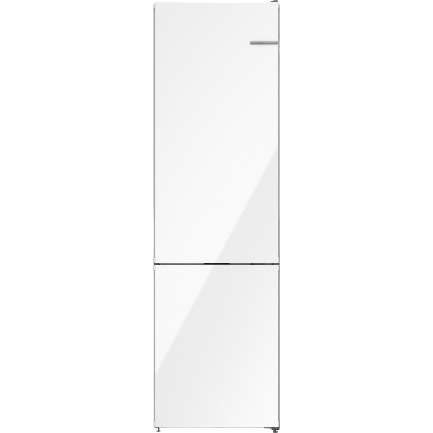Tall white freestanding fridge-freezer with bottom freezer door and smooth glass finish for kitchen appliances collection