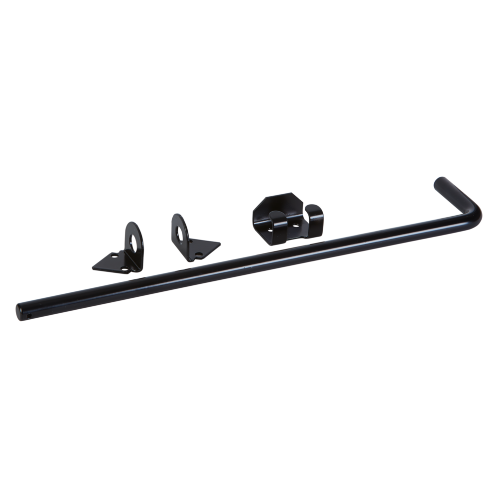 Black adjustable throw cane bolt with mounting brackets for secure door and gate anchoring in hardware and home improvement collections