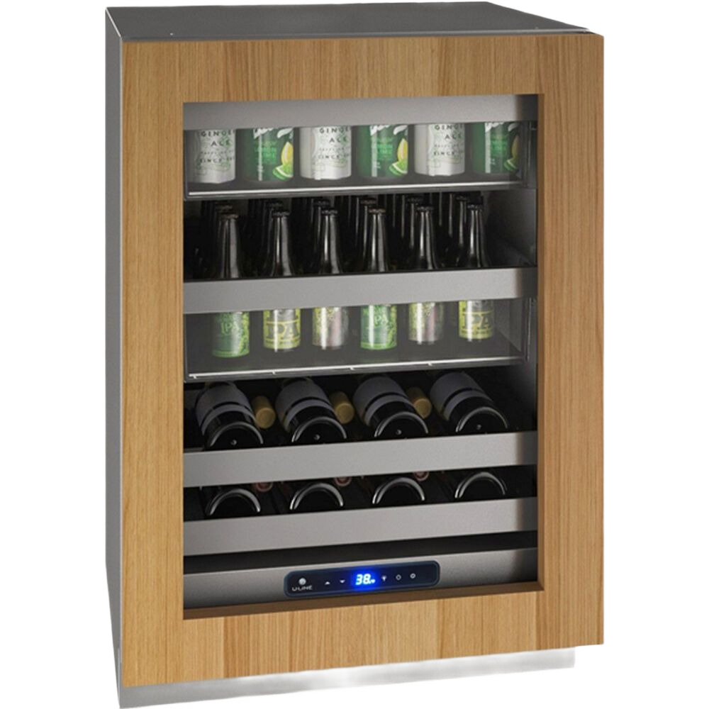 Dual zone beverage center with wood frame, glass door, adjustable shelves, and digital temperature display in Appliances collection