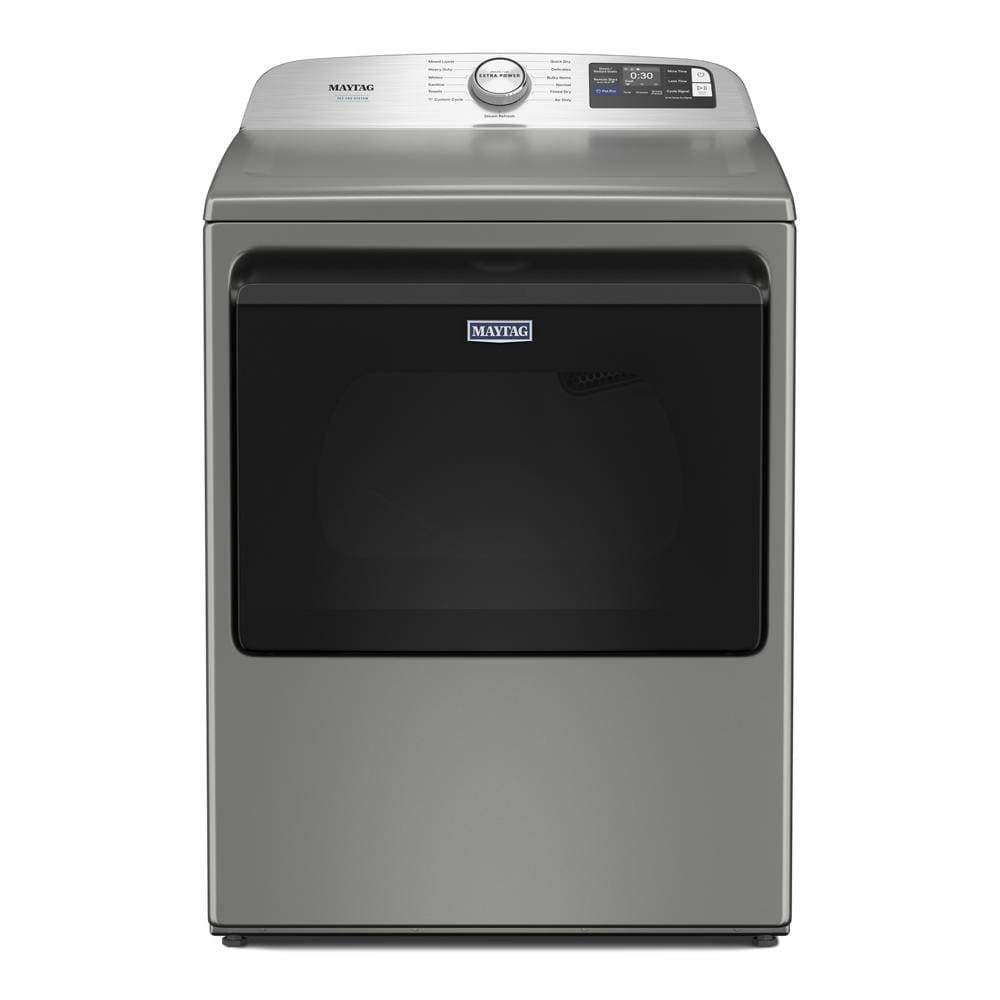 Front-facing view of a gray smart top load dryer with digital display and control dial in appliances collection