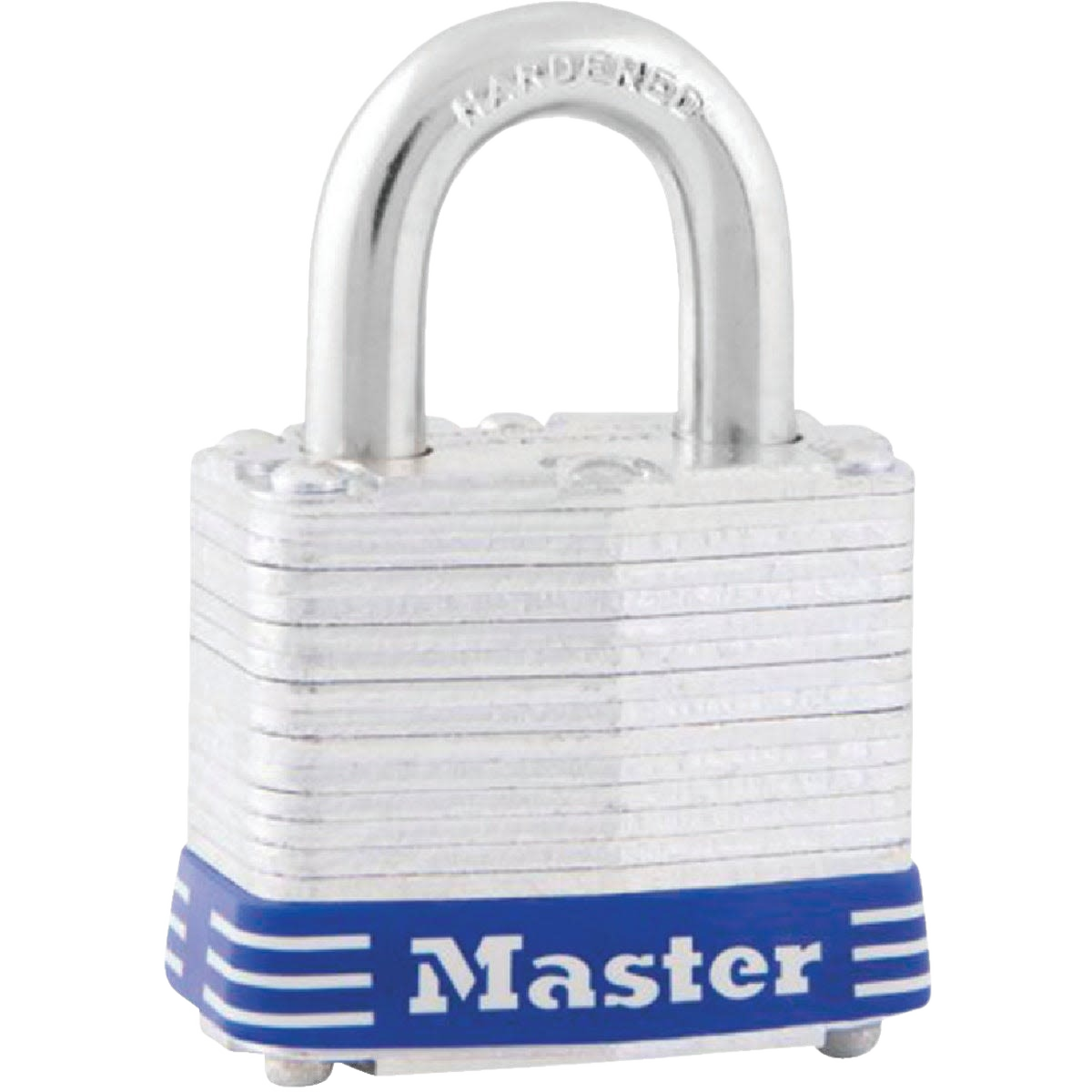 Stacked laminated steel padlock with hardened shackle and blue base for home improvement and security use