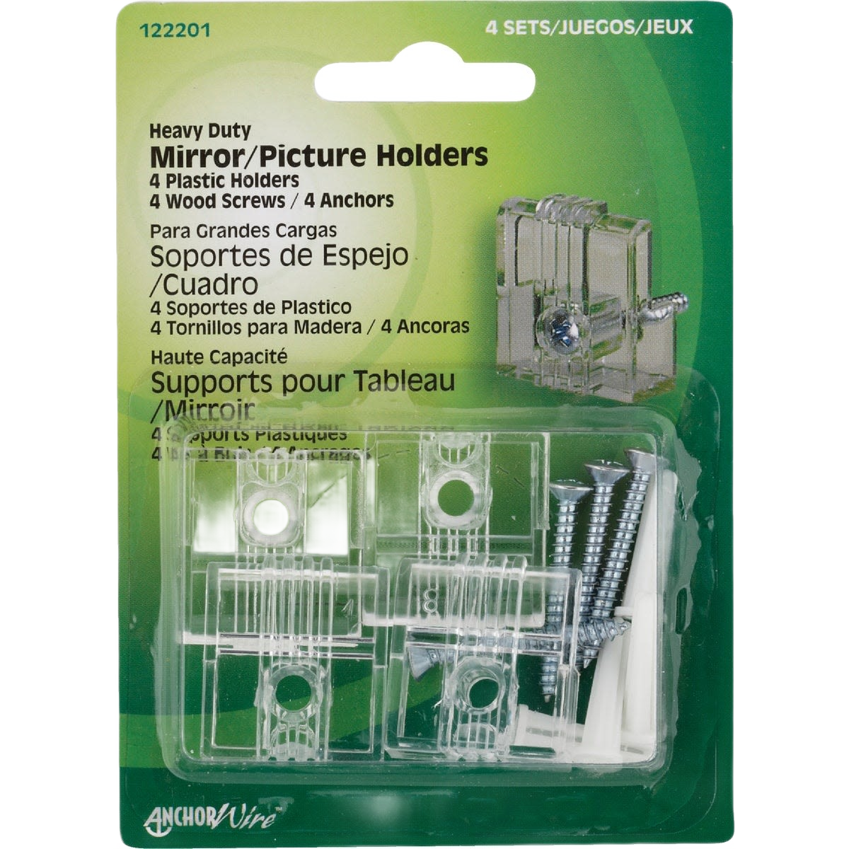 Clear heavy-duty mirror holders with wood screws and anchors for secure wall mounting in hardware and fasteners collections
