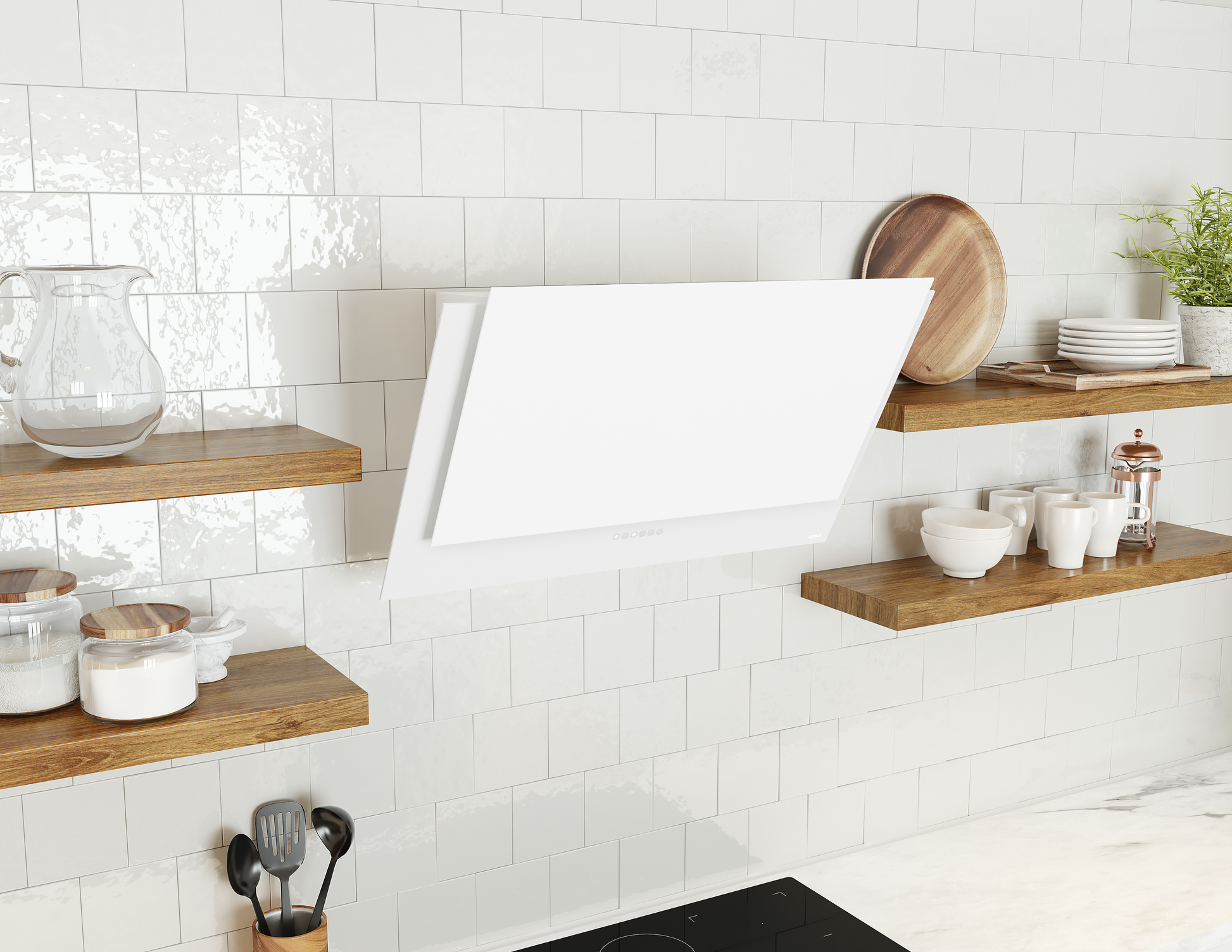 White wall mount range hood with angled design and capacitive touch controls in modern kitchen with wooden shelves