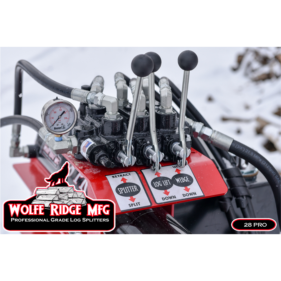 Close-up of hydraulic control levers and gauge on a Wolfe Ridge log splitter in a snowy outdoor firewood processor setting