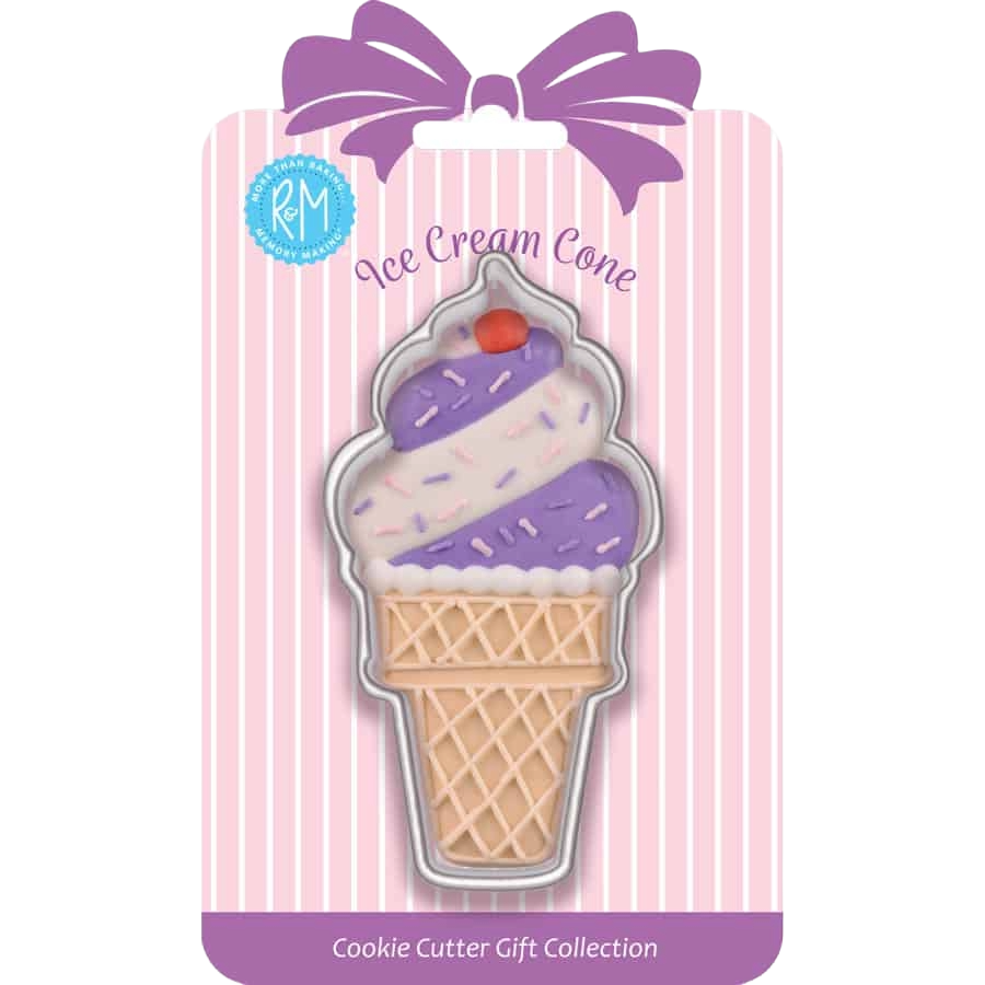 Ice cream cone shaped tinplated steel cookie cutter in gift packaging, part of kitchen gadgets and bakeware collections