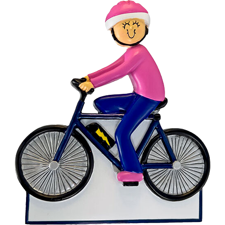 Personalized female figure riding electric bike in festive pink and blue Christmas ornament under $50 collection