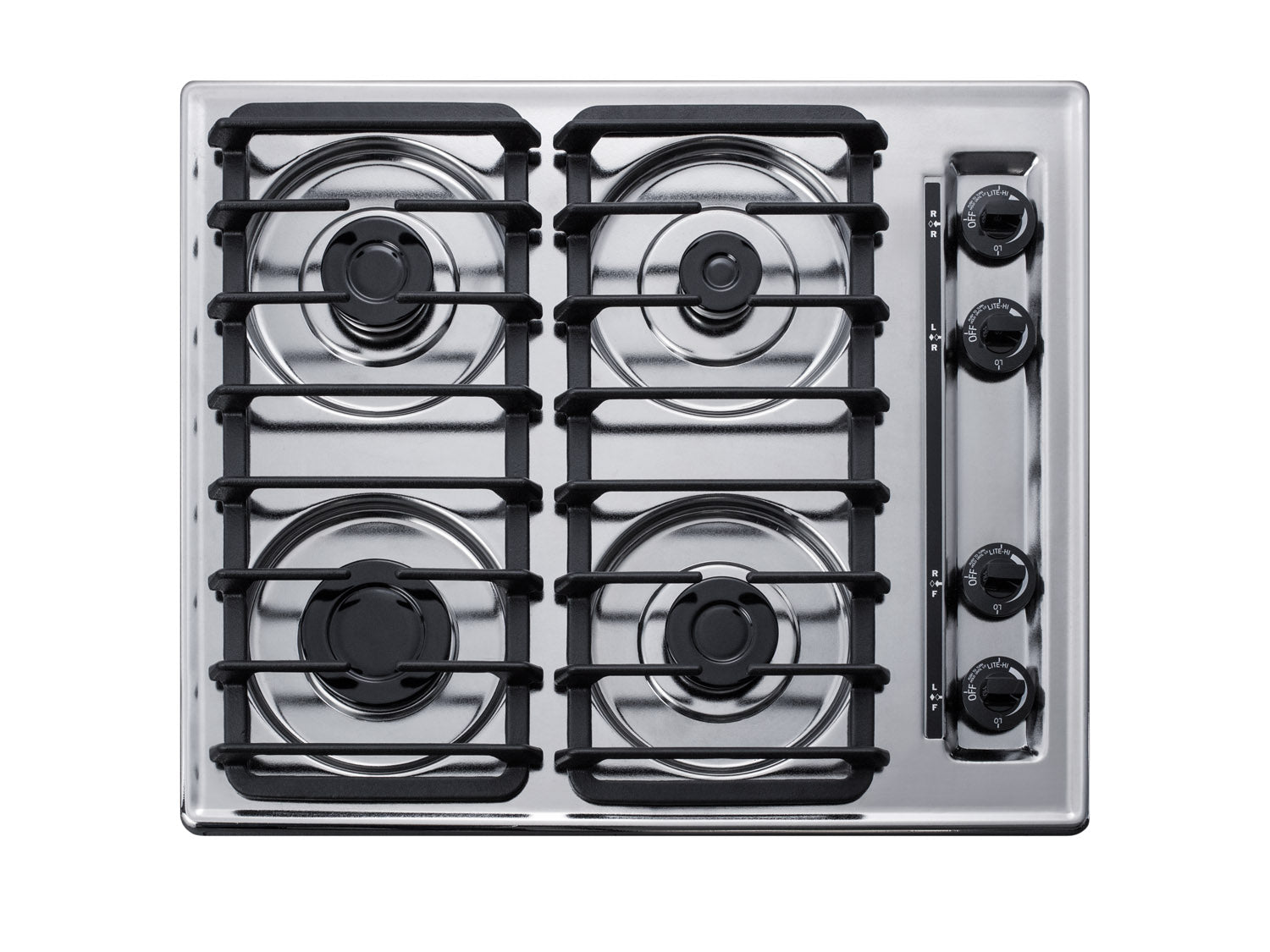 Stainless steel 24-inch gas cooktop with four burners and black cast iron grates for home kitchen use