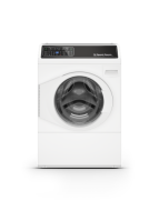 White front load washer with left-hinged door and digital controls in washers and appliances collection