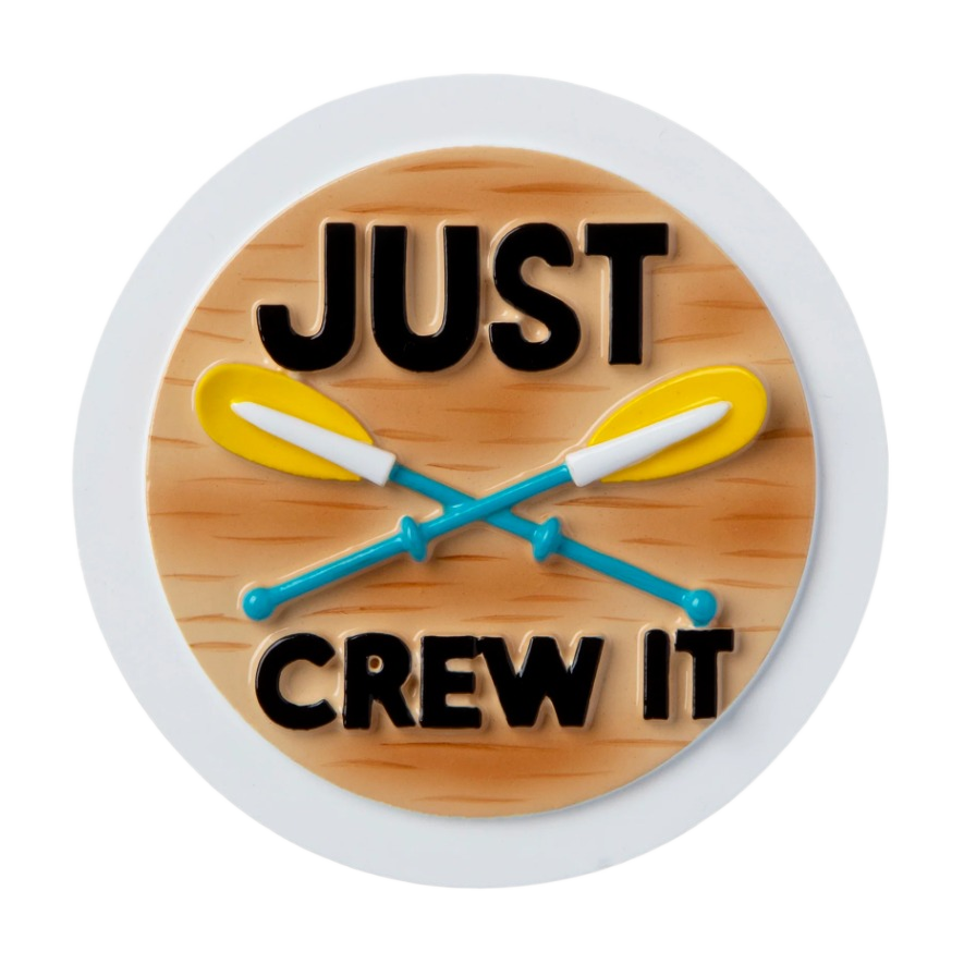 Round wooden ornament with crossed blue and yellow paddles and "Just Crew It" text for Christmas tree decor under $50