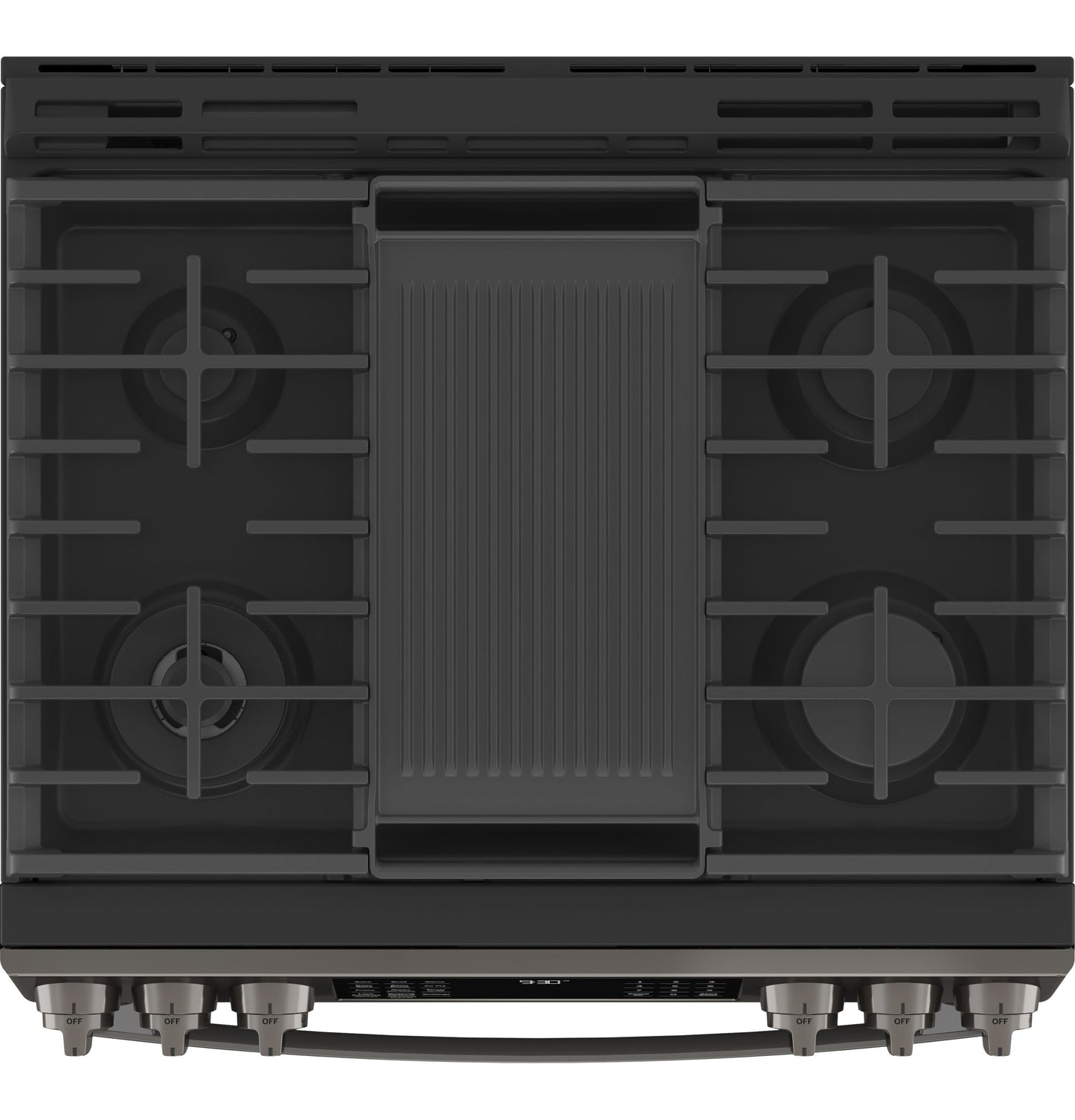 Top view of a dark stainless slide-in gas range with four burners and central griddle in Ranges & Cooktops collection
