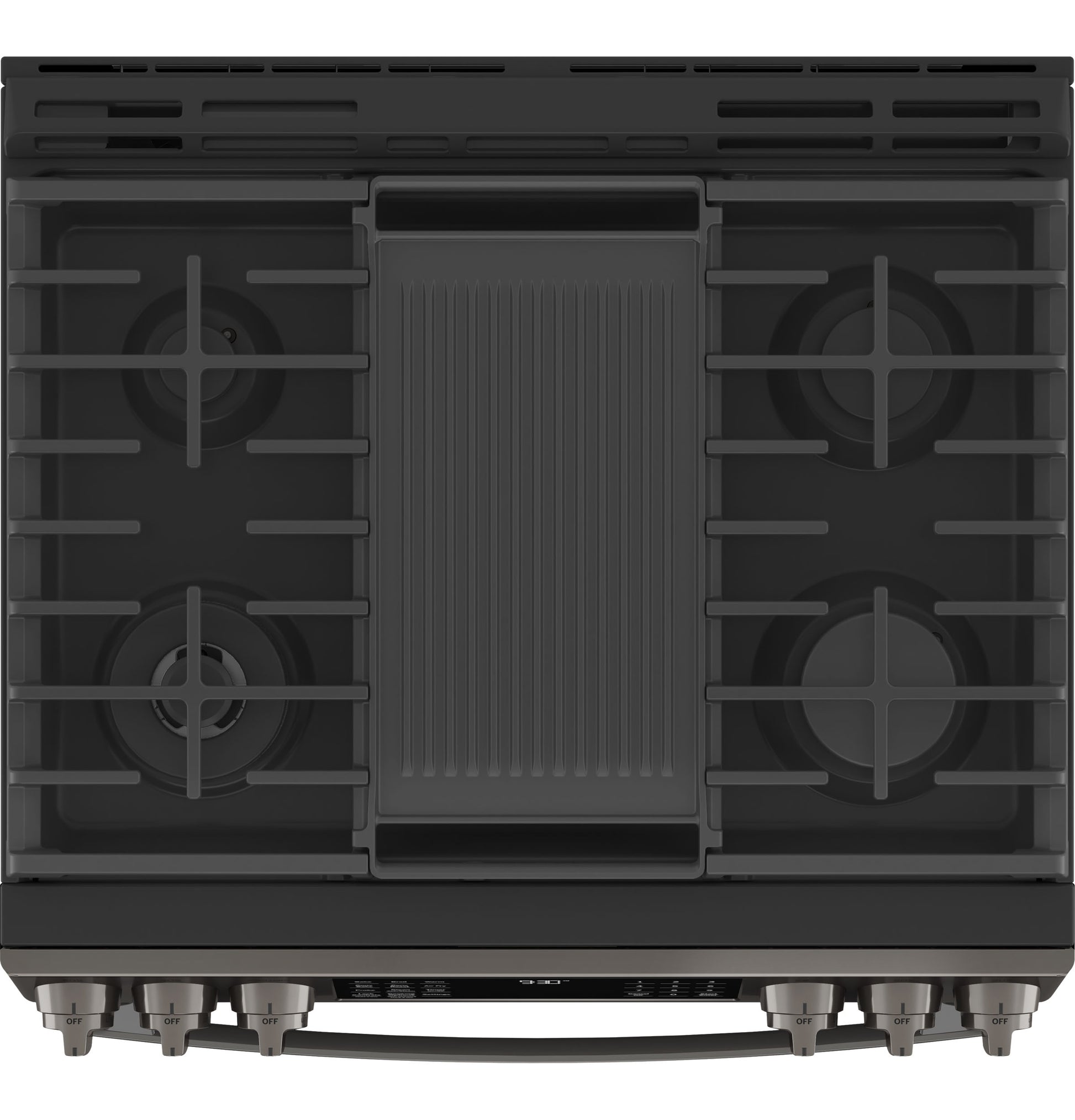 Top view of a dark stainless slide-in gas range with four burners and central griddle in Ranges & Cooktops collection