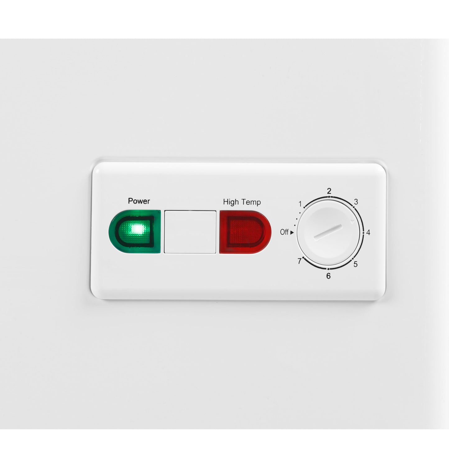 Close-up of a white chest freezer control panel with power indicator, high temperature warning light, and adjustable temperature dial