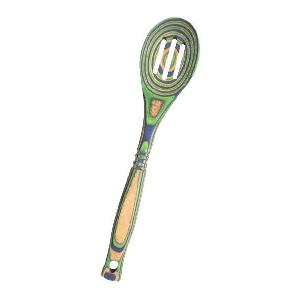 Mini slotted spoon crafted from laminated Pakka hardwood with colorful layered design for kitchen utensils and gadgets use