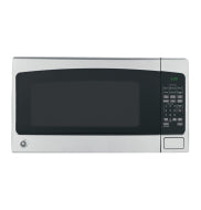Stainless steel countertop microwave oven with digital keypad and clear display for kitchen and appliance use.
