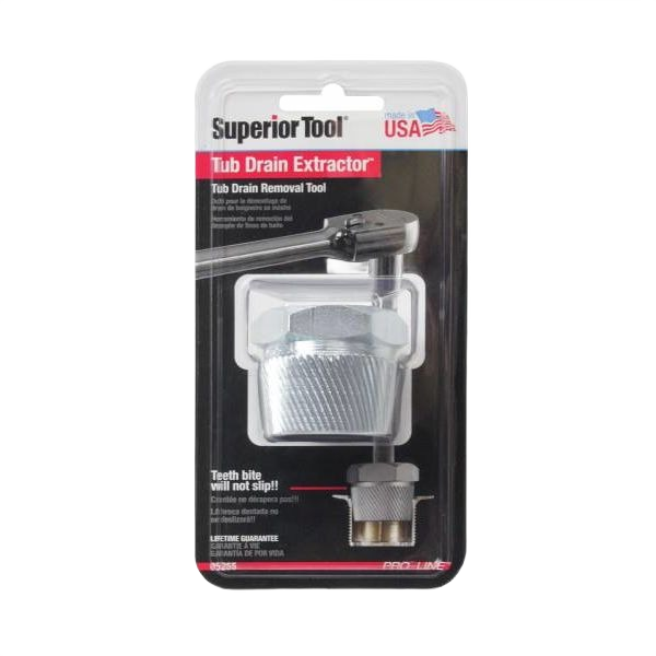 Metal tub drain extractor tool with knurled grip in clear plastic packaging for home improvement use
