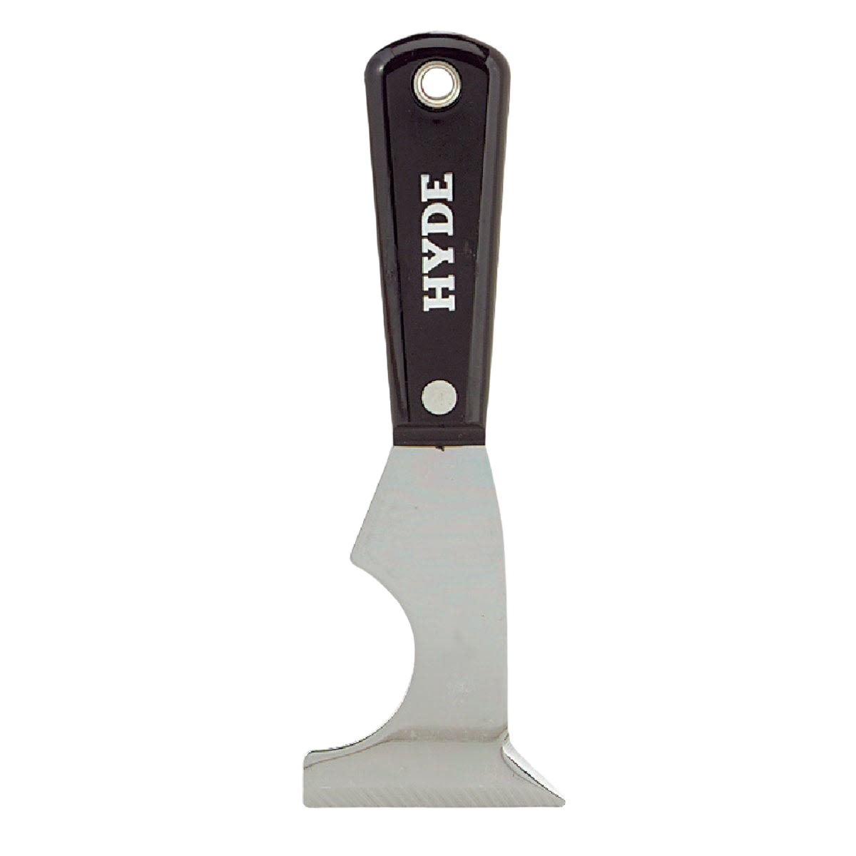 Black and silver multi-purpose painter's tool with ergonomic handle for home improvement and painting tasks