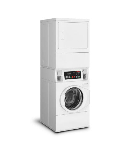 White light commercial front load stack washer and gas dryer with coin drop controls in Appliance laundry centers collections