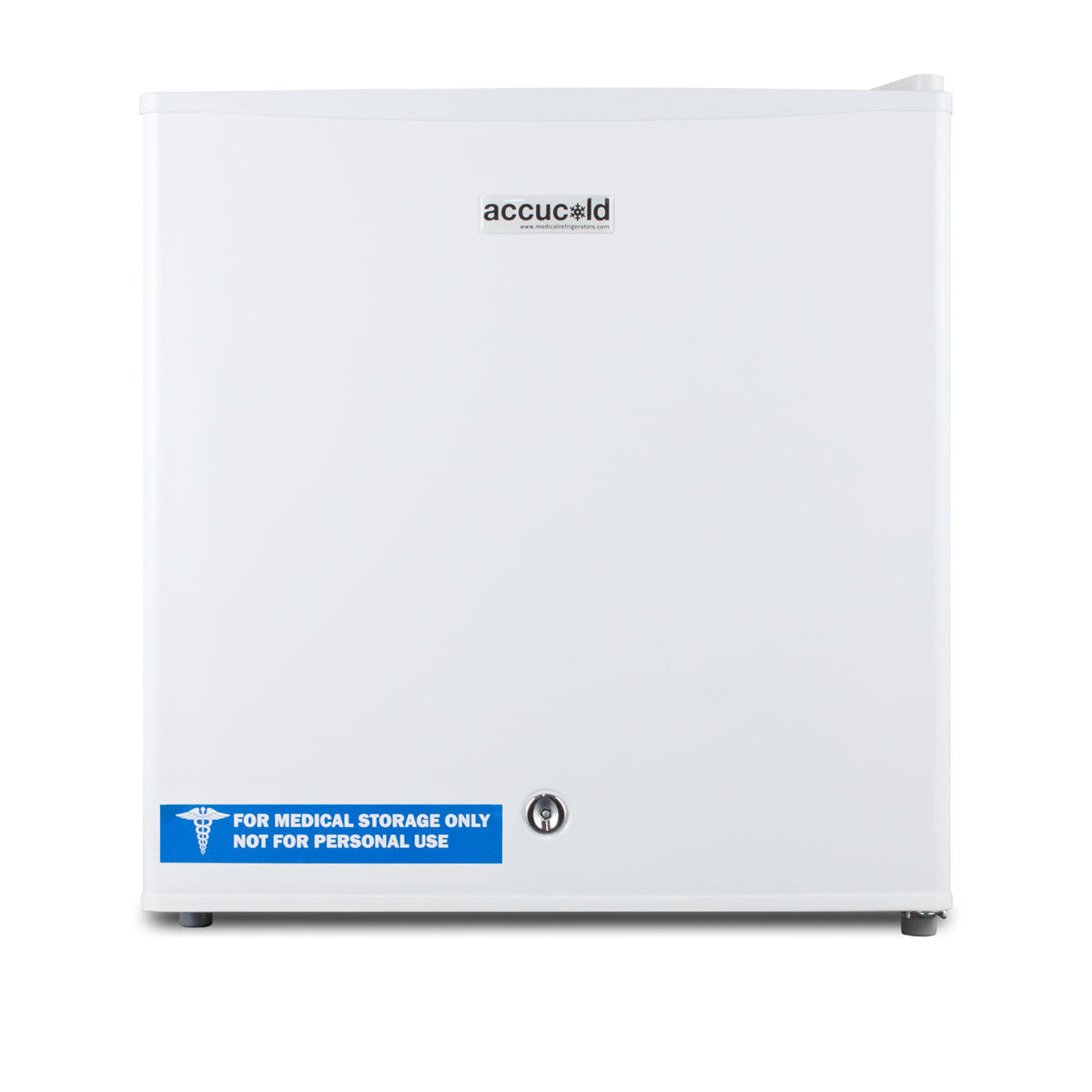 Compact white medical freezer with lock and warning label for medical storage in appliances collection