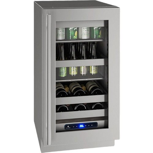 Compact stainless steel beverage center with glass door, multiple shelves, and digital temperature control in kitchen appliances collection