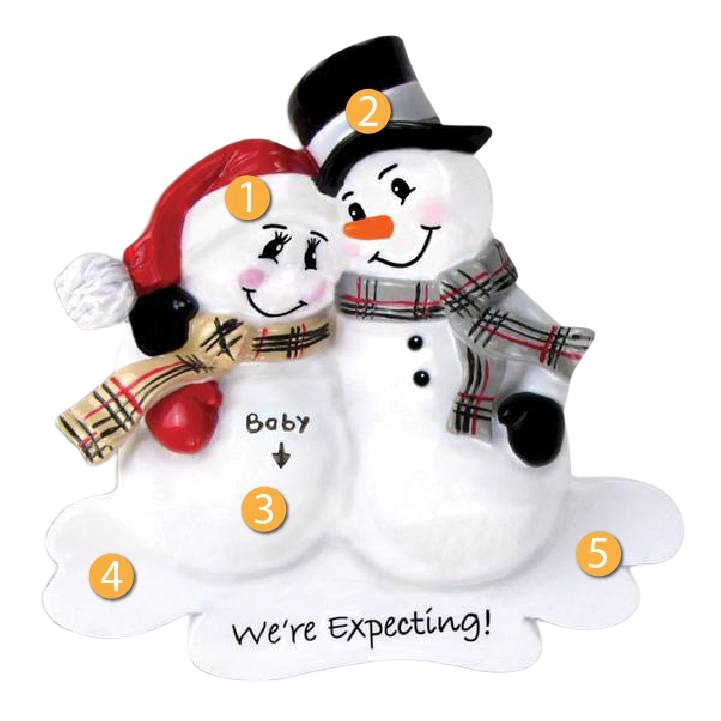 Pair of smiling snowmen figurines with plaid scarves and "We're Expecting" text, Christmas Ornaments & Tree Decorations under $50 collection