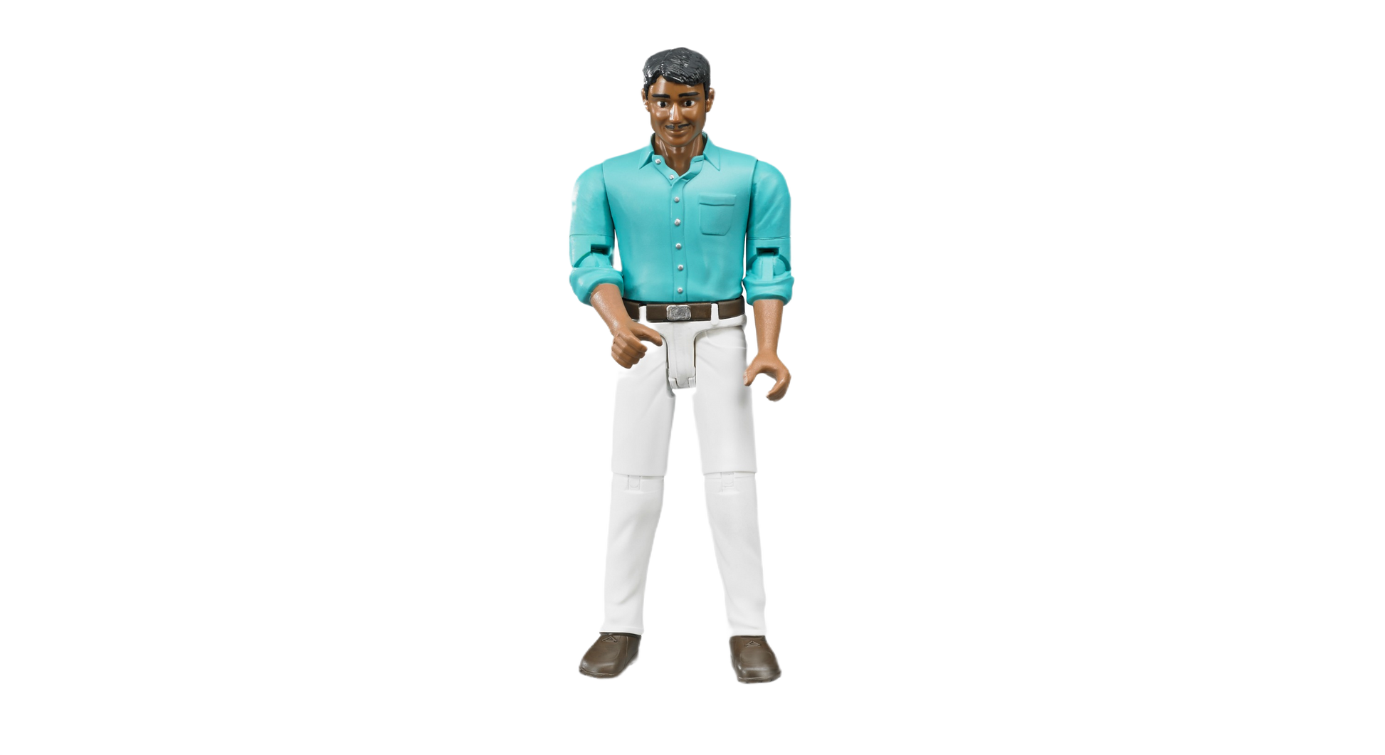 Articulated action figure of man with medium skin tone wearing teal shirt and white jeans for role play and display