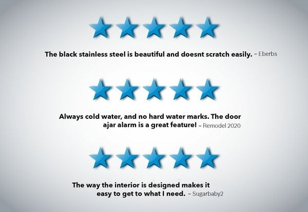 Customer reviews highlighting black stainless steel finish, water dispenser features, and organized interior design for Bosch refrigerators.