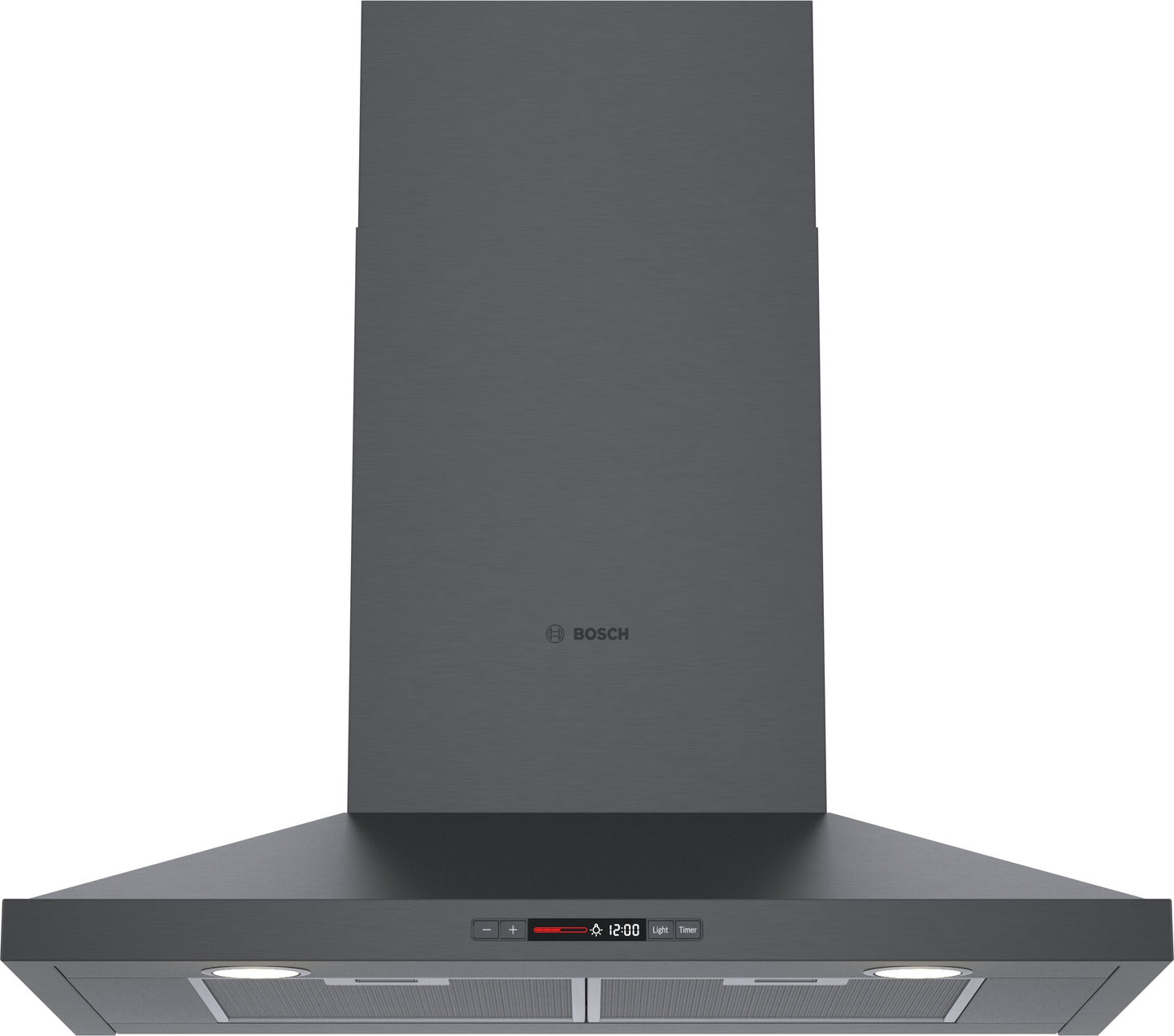 Black stainless steel wall hood with pyramid chimney and illuminated controls from Bosch range hoods collection