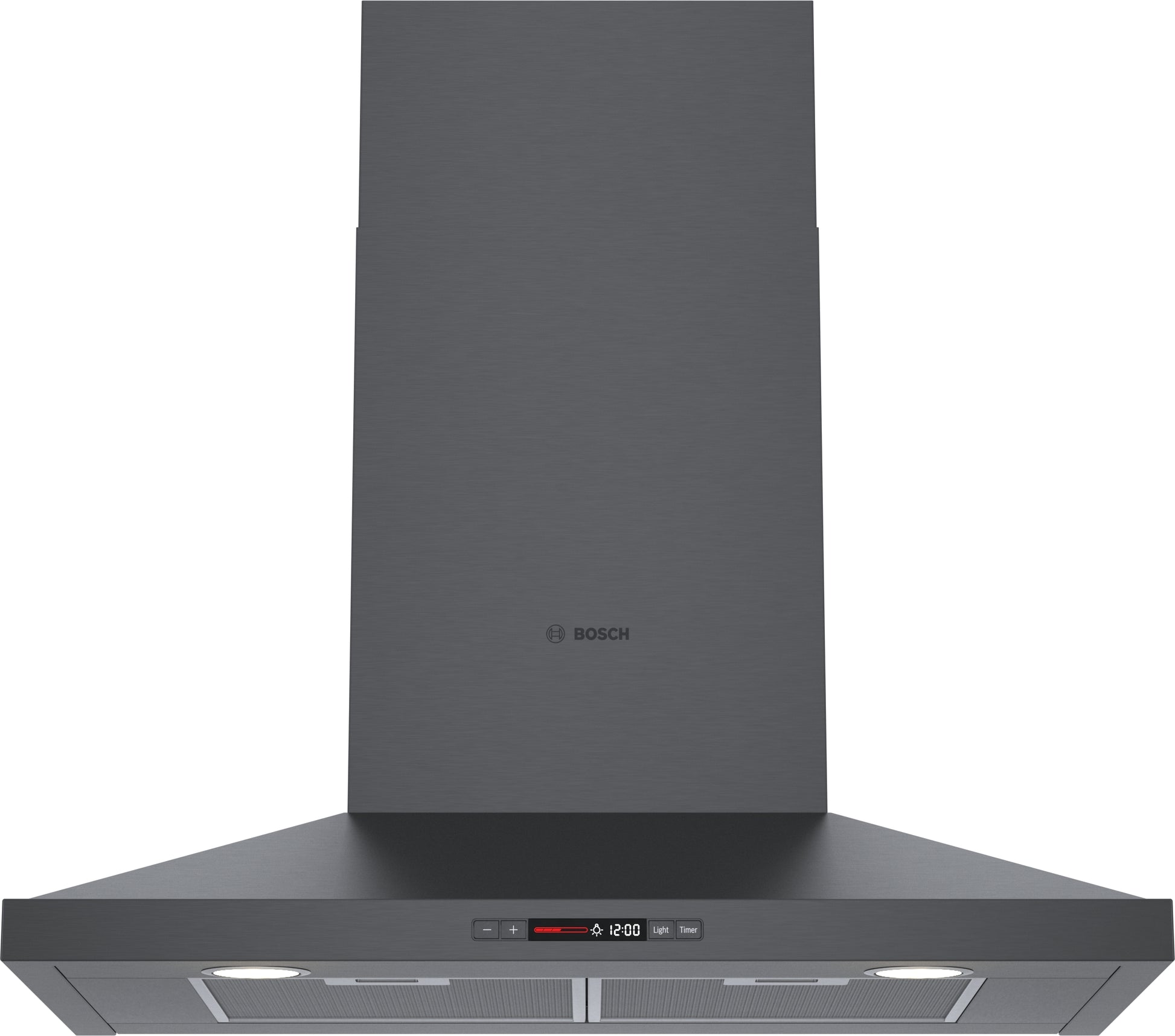 Black stainless steel wall hood with pyramid chimney and illuminated controls from Bosch range hoods collection