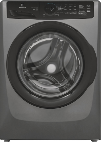 Front view of a stainless steel front load washer with circular transparent door, digital display showing cycle time, and multiple control buttons, featured in Front Load Washers, Washers, Appliances, and Washers & Dryers collections.