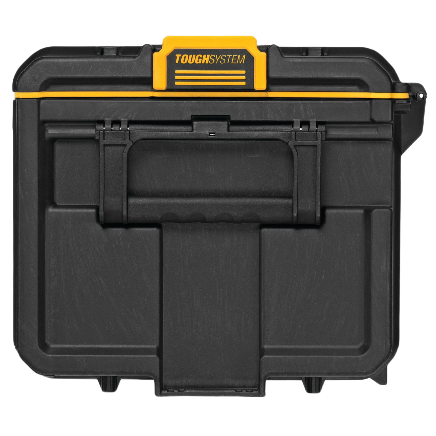 Black and yellow durable hard plastic toolbox with sturdy handle and reinforced latches for home improvement and tool storage.