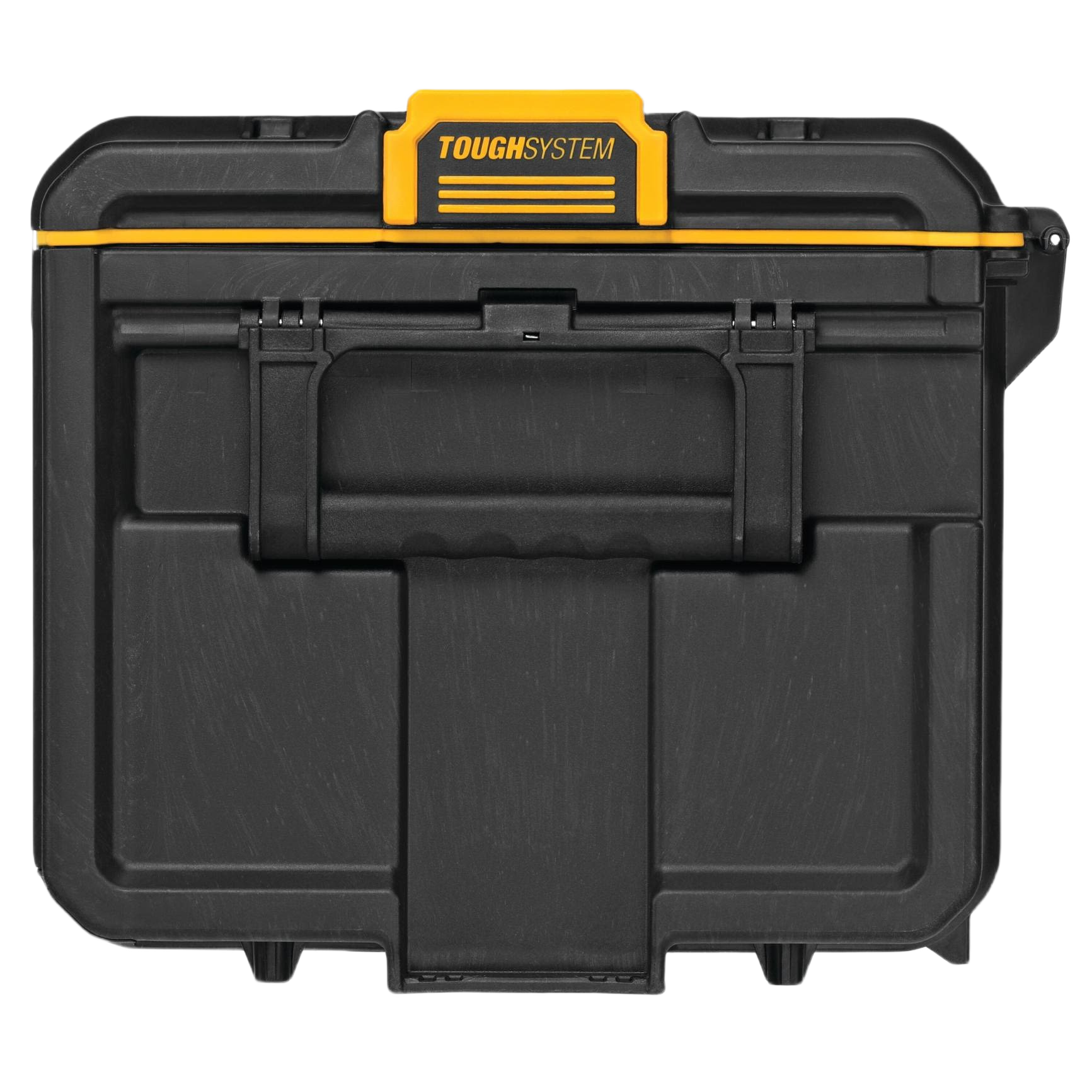 Black and yellow durable hard plastic toolbox with sturdy handle and reinforced latches for home improvement and tool storage.