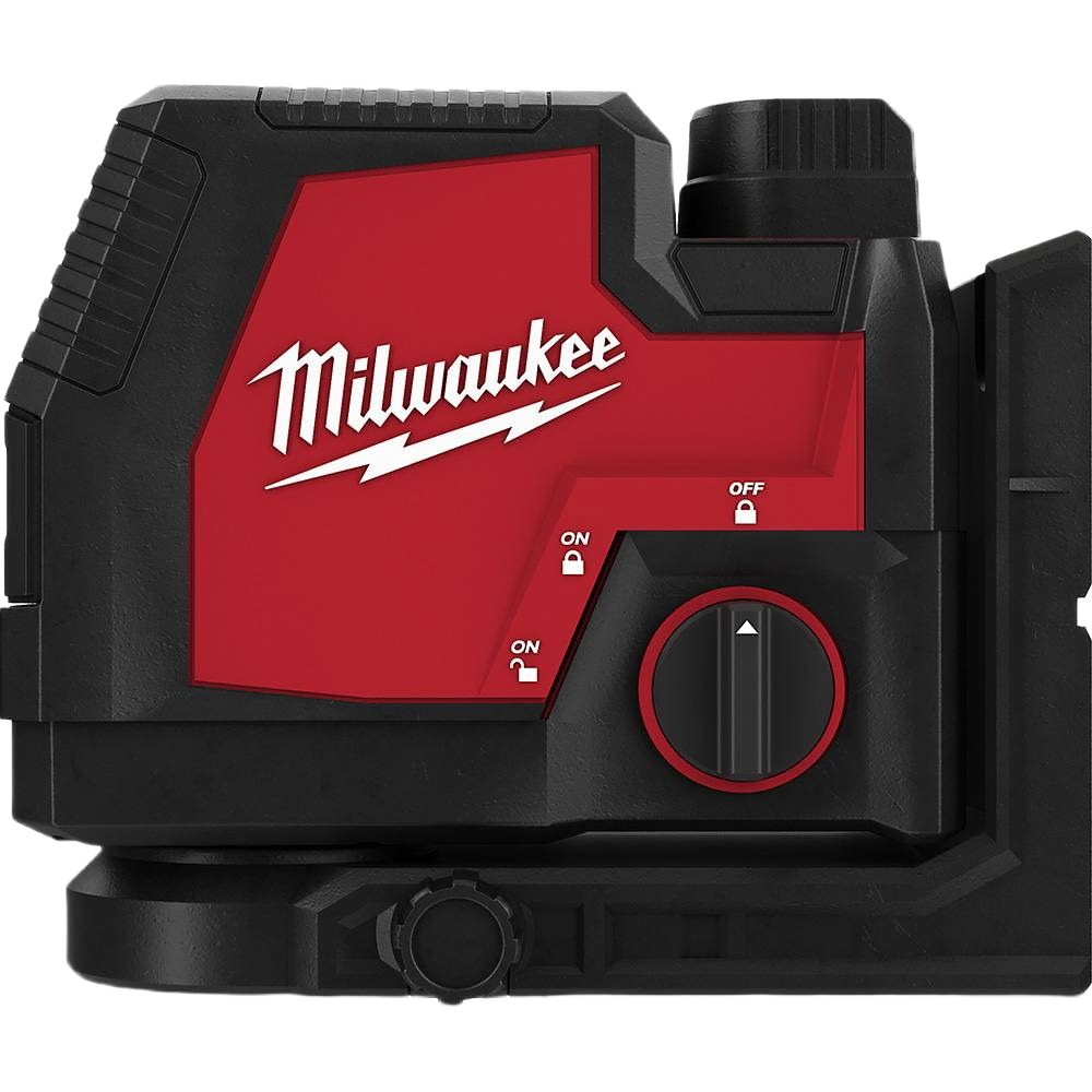 Red and black Milwaukee cross line laser level with USB rechargeable battery for woodworking and measuring tools collections
