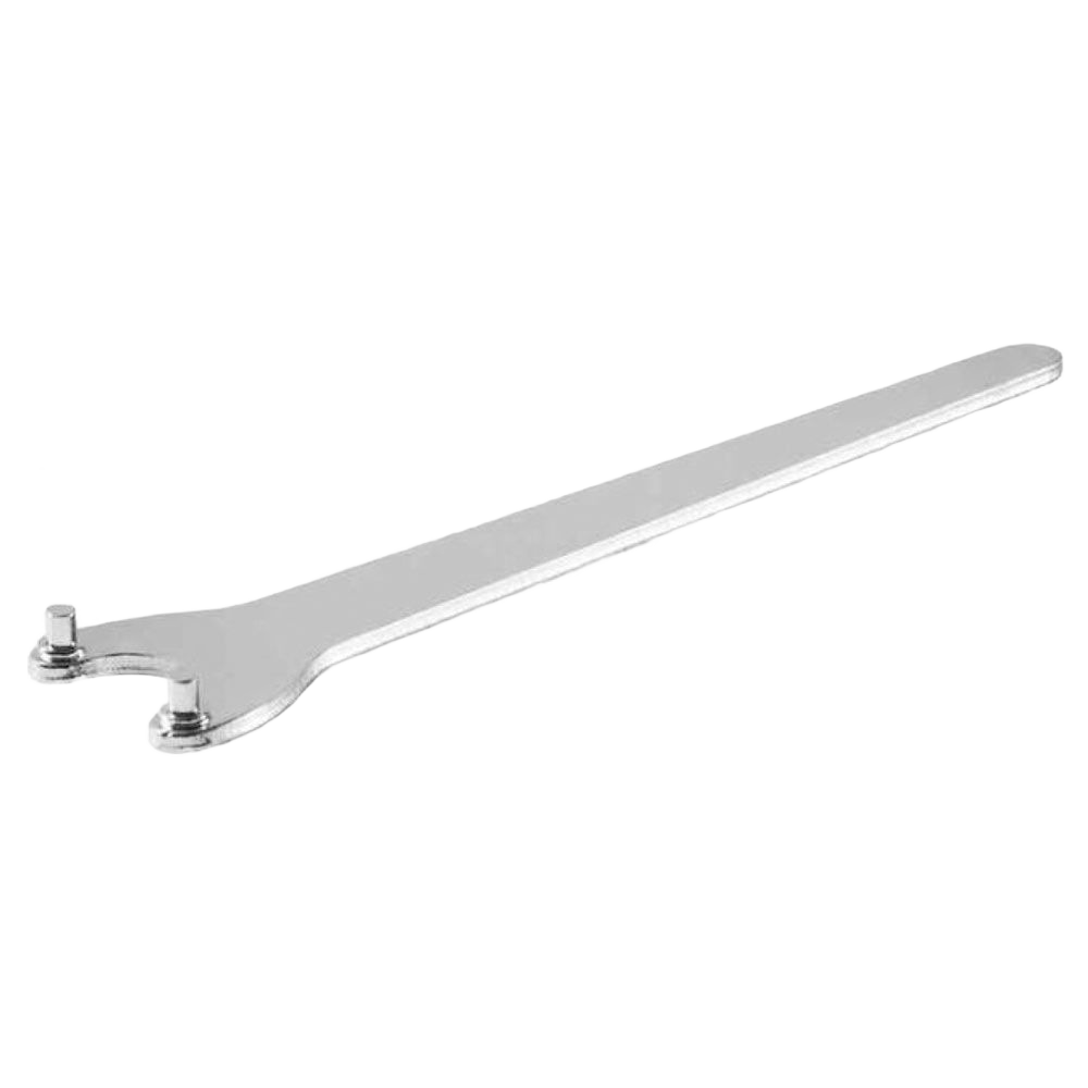 Metal tool key with dual pins for loosening quick-action clamping nuts in power tool accessories and woodworking collections