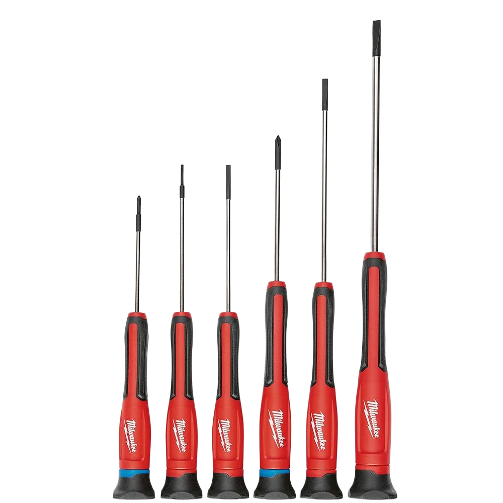 Set of six red and black precision screwdrivers with varied shaft lengths for detailed home improvement tasks and repairs