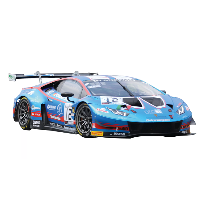 Blue race car model with aerodynamic design and sponsor decals on a detailed 1:43 scale slot car body