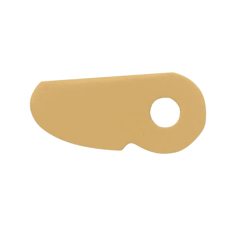 Light tan plastic blade insert with rounded edges and circular hole for woodworking tool replacement part